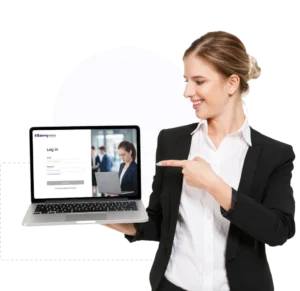 happy-blonde-business-woman-showing-blank-laptop-computer-screen-while-looking-pointing-him-white-wal
