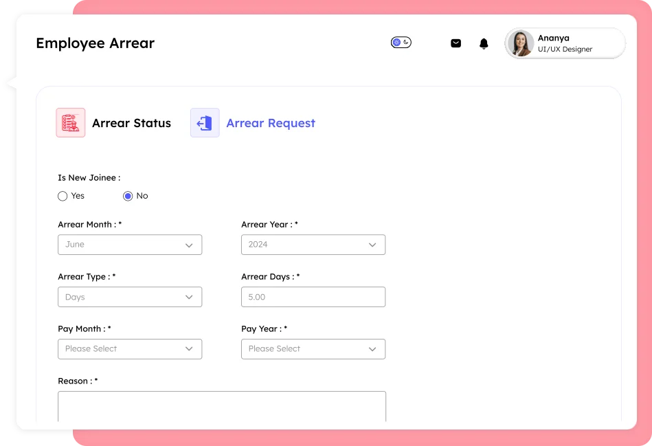 Attendance management software employee arrear request screen showing arrear status, month, year, type, days, pay details, and reason input fields in Savvy HRMS