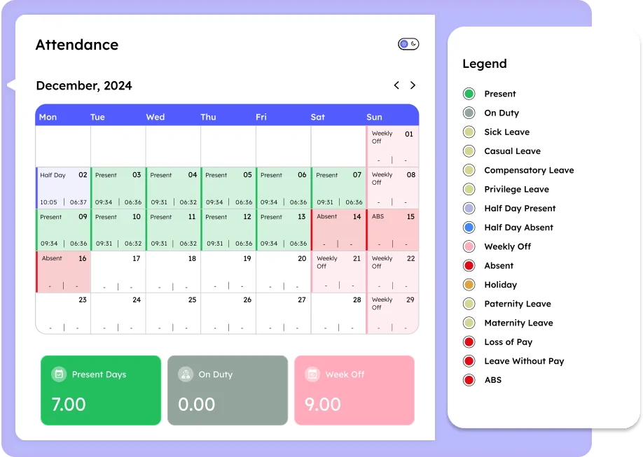 Attendance management software calendar view displaying employee attendance, leave status, color-coded legend for present, absent, holidays, and leave types in Savvy HRMS