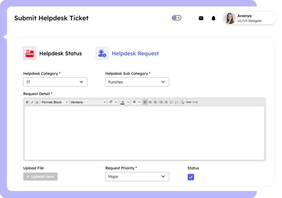 Helpdesk Software ticket submission form showing category, sub-category selection, request details, file upload, request priority, and status options.