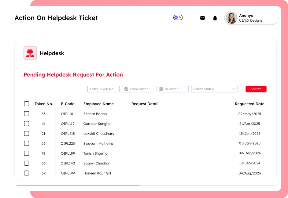 Helpdesk Software interface displaying pending helpdesk ticket requests with token number, employee code, employee name, request detail, and requested date.