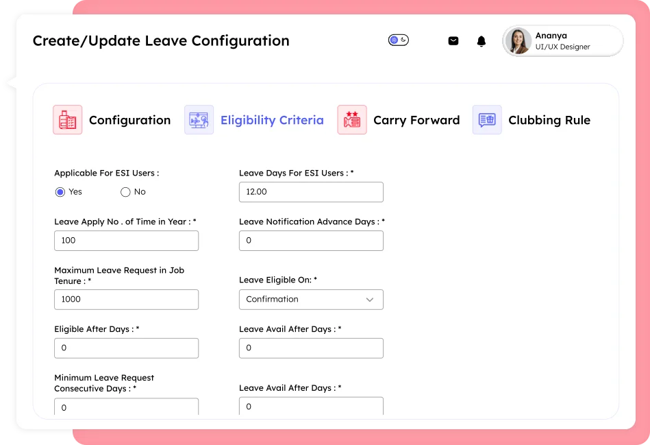 Leave management software mobile interface showing leave request forms, leave status, pending approvals, and leave balances for multiple leave types