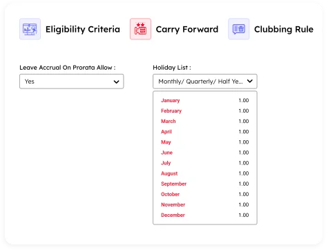 Leave management software configuration screen showing leave policy setup, eligibility criteria, carry forward rules, clubbing rules, and leave type settings for different employee groups