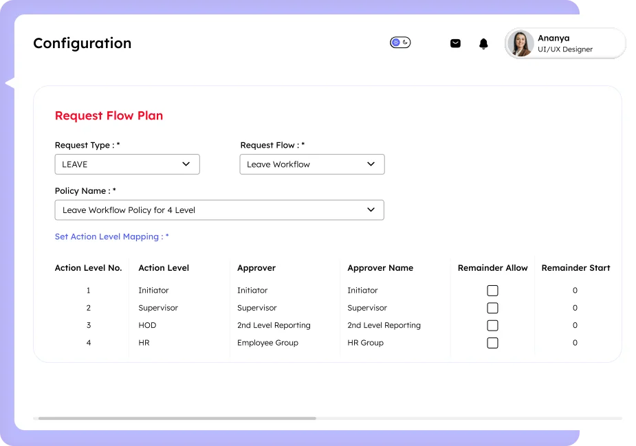 Leave management software workflow configuration screen in Savvy HRMS showing leave request flow plan, policy selection, action levels, approvers, and reminder settings