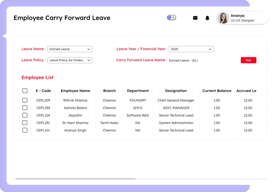 Leave management software employee carry forward leave screen in Savvy HRMS showing leave name, year, policy, employee list with current and accrued leave balances, and designations