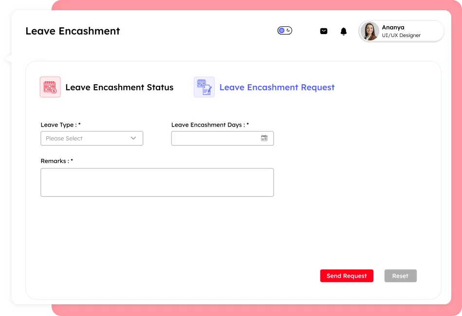 Leave management software leave encashment request screen in Savvy HRMS showing leave type selection, number of leave encashment days input, remarks field, and request submission buttons