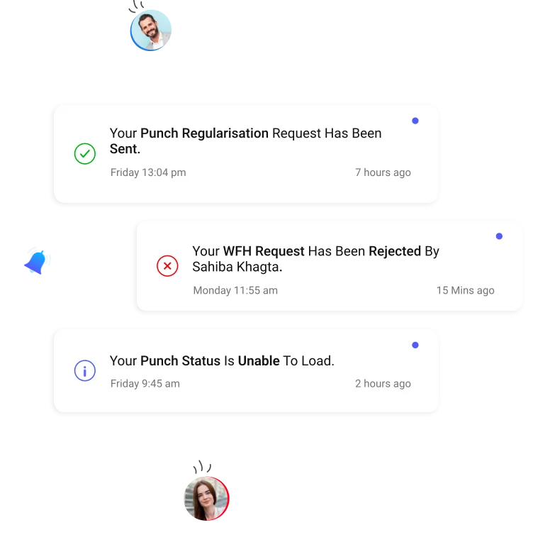 Leave management software user notification screen in Savvy HRMS showing punch regularization request sent confirmation, work from home request rejection, and punch status load error alerts