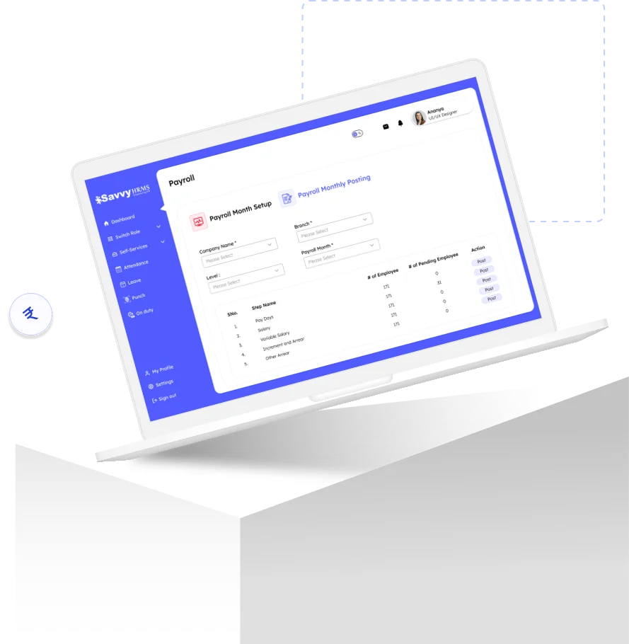 Dashboard view of Savvy HRMS payroll software on a laptop screen showing payroll month setup, payroll month posting, and employee salary details.