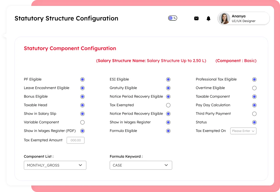 Configuration screen of statutory structure setup within payroll software, showing components like salary structure, eligibility criteria, tax exemptions, and formula keywords