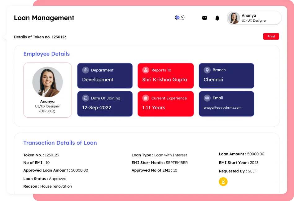 Loan management section within payroll software showing employee loan details, department information, and transaction records including loan amount, EMI, and repayment status