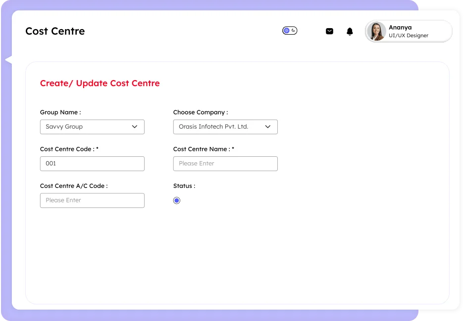 Cost Centre management screen in payroll software showing fields for creating or updating cost centres, including group name, company, cost centre code, name, and status.