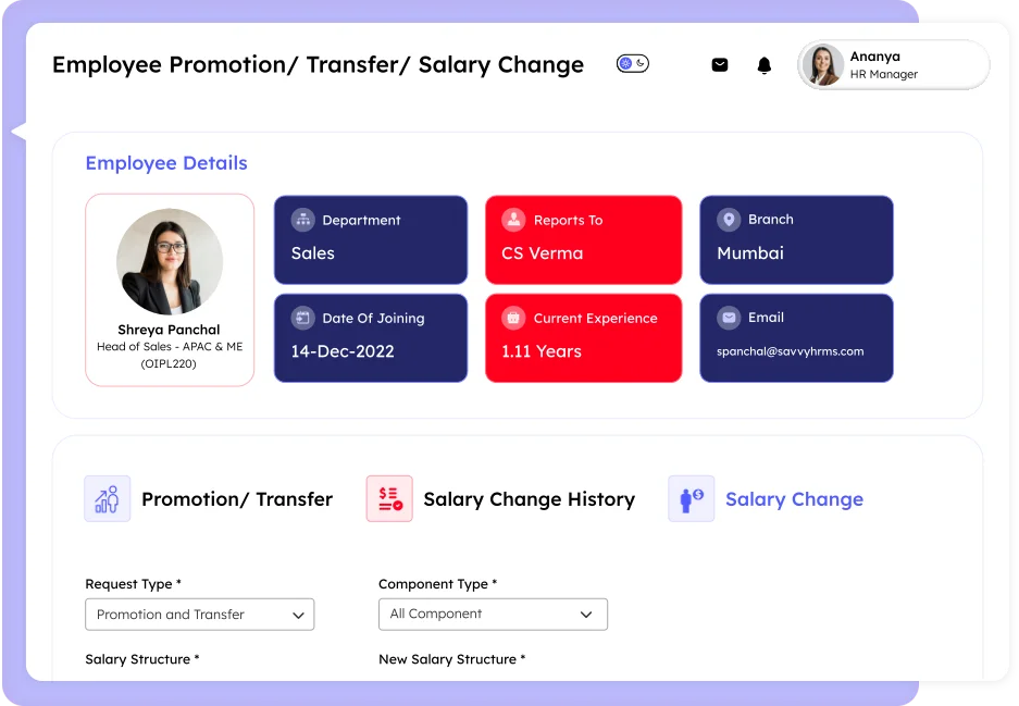 Employee promotion, transfer, and salary change management screen in payroll software showing employee details, request type, component type, and salary structure options