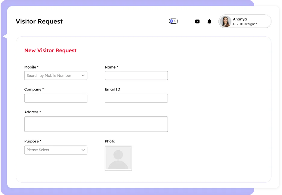 Visitor Management System new visitor request form displaying fields for mobile, name, company, email ID, address, purpose, and photo to register visitor details.