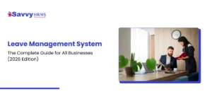 Business professionals discussing leave management system in an office setting