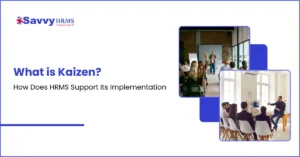 Kaizen continuous improvement HRMS implementation with employees collaborating in team meetings and training sessions.