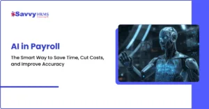 AI in payroll automation showing smart robot managing payroll calculations, compliance, and accuracy.