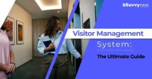 Professional woman using visitor management system kiosk for digital check-in at modern office.