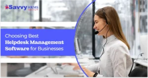 Professional support agent using helpdesk management software with headset in modern office.