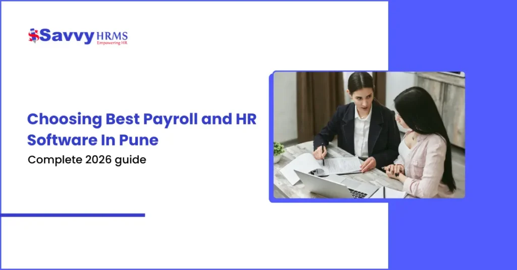 HR professionals analyzing payroll and employee data using hr software and payroll software solutions for Pune businesses.