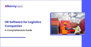 HR software guide banner for logistics companies showing two workers at a container yard.