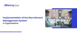 Banner titled Implementation of the Recruitment Management System in Organisations featuring HR professionals in a strategic meeting.