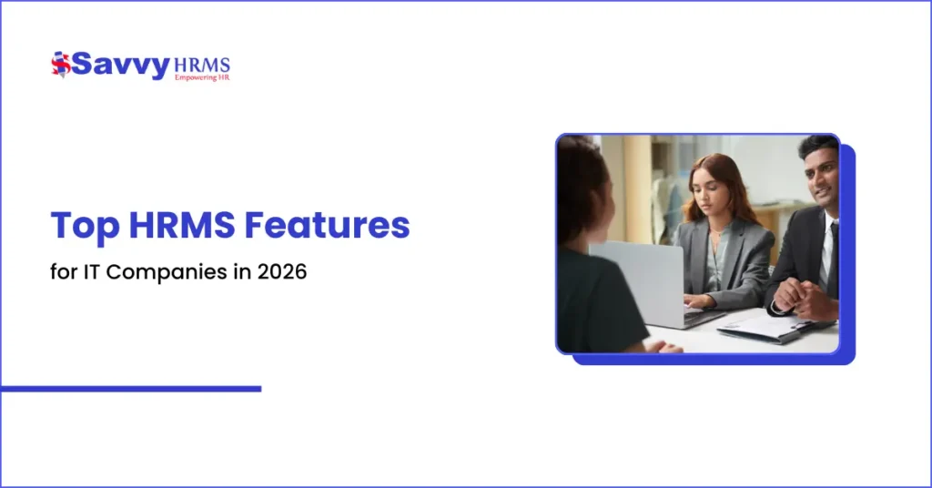 Three professionals in a meeting next to text reading Top HRMS Features for IT Companies in 2026.