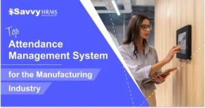 HR professional using attendance management system interface on digital display for manufacturing.