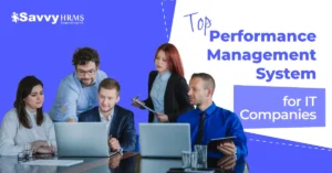 IT company team using modern performance management system for real-time feedback, goal tracking, and employee performance evaluation