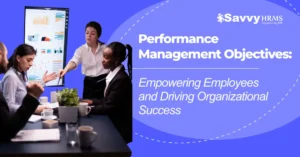 Performance Management Objectives dashboard discussion showing managers reviewing employee performance data and goals.