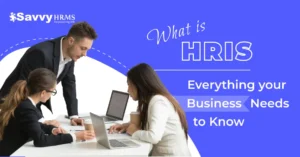 HRIS overview showing HR professionals managing employee data and payroll using a digital human resource information system.