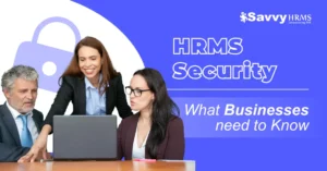 HRMS security illustration showing HR professionals reviewing employee data securely on a laptop.