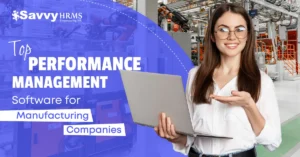 Performance management software dashboard for manufacturing companies shown in a modern factory environment.