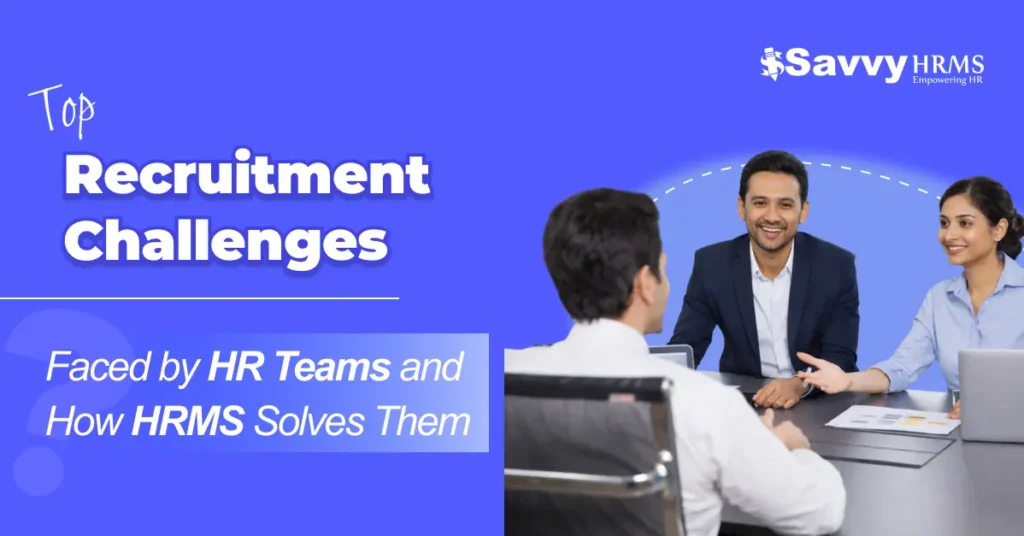 HR professionals discussing recruitment challenges and HRMS solutions during an interview meeting.