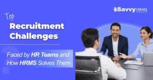 HR professionals discussing recruitment challenges and HRMS solutions during an interview meeting.