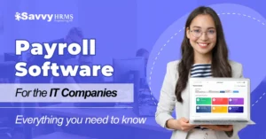 Payroll software for IT companies dashboard displayed on laptop with HR professional presenting cloud-based payroll system.