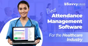 Healthcare professional holding a laptop displaying attendance management software dashboard for hospital shift and payroll tracking.