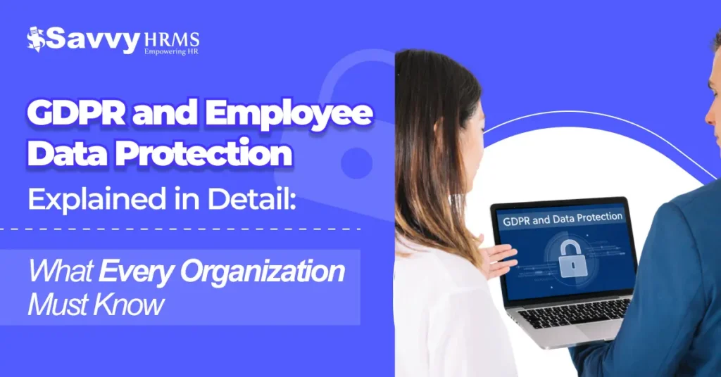 GDPR and employee data protection concept with HR professionals reviewing secure digital data on laptop.