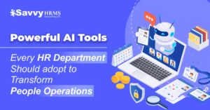 AI Tools transforming HR operations including recruitment, payroll automation, chatbots, and performance management.