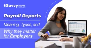 Payroll Reports dashboard displayed on laptop with HR professional reviewing salary data.