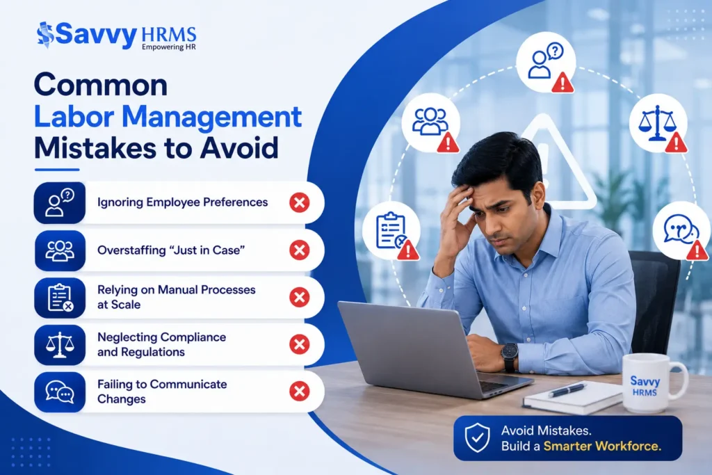 Labor management mistakes infographic showing common workforce planning and compliance issues.