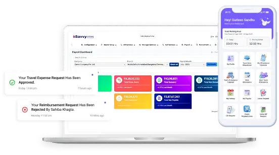 Savvy HRMS software Dashboard internal features screen with mobile app