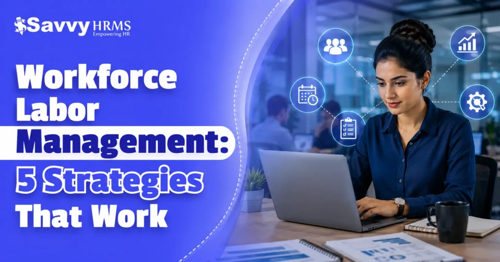 Workforce labor management strategy banner featuring a professional woman working on a laptop with productivity and workforce planning icons.