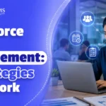Workforce labor management strategy banner featuring a professional woman working on a laptop with productivity and workforce planning icons.