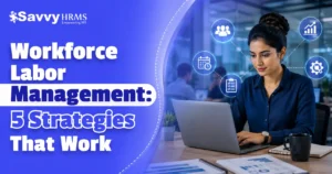 Workforce labor management strategy banner featuring a professional woman working on a laptop with productivity and workforce planning icons.