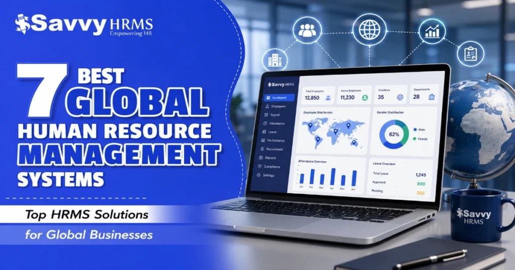 7 Best Global Human Resource Management Systems featuring a modern HRMS dashboard on a laptop, global workforce analytics, and business icons representing international HR management solutions.
