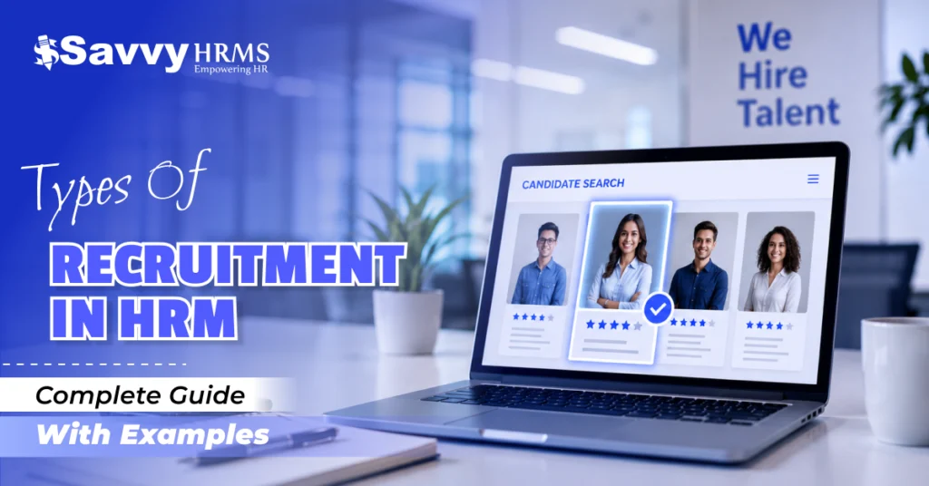 Types of recruitment in HRM showing internal and external hiring methods