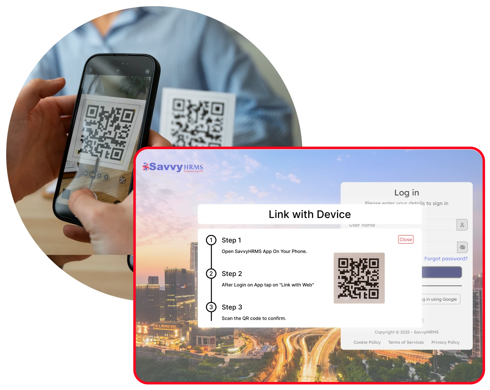 Diagram showing how QR code authentication works in Savvy HRMS for instant secure login