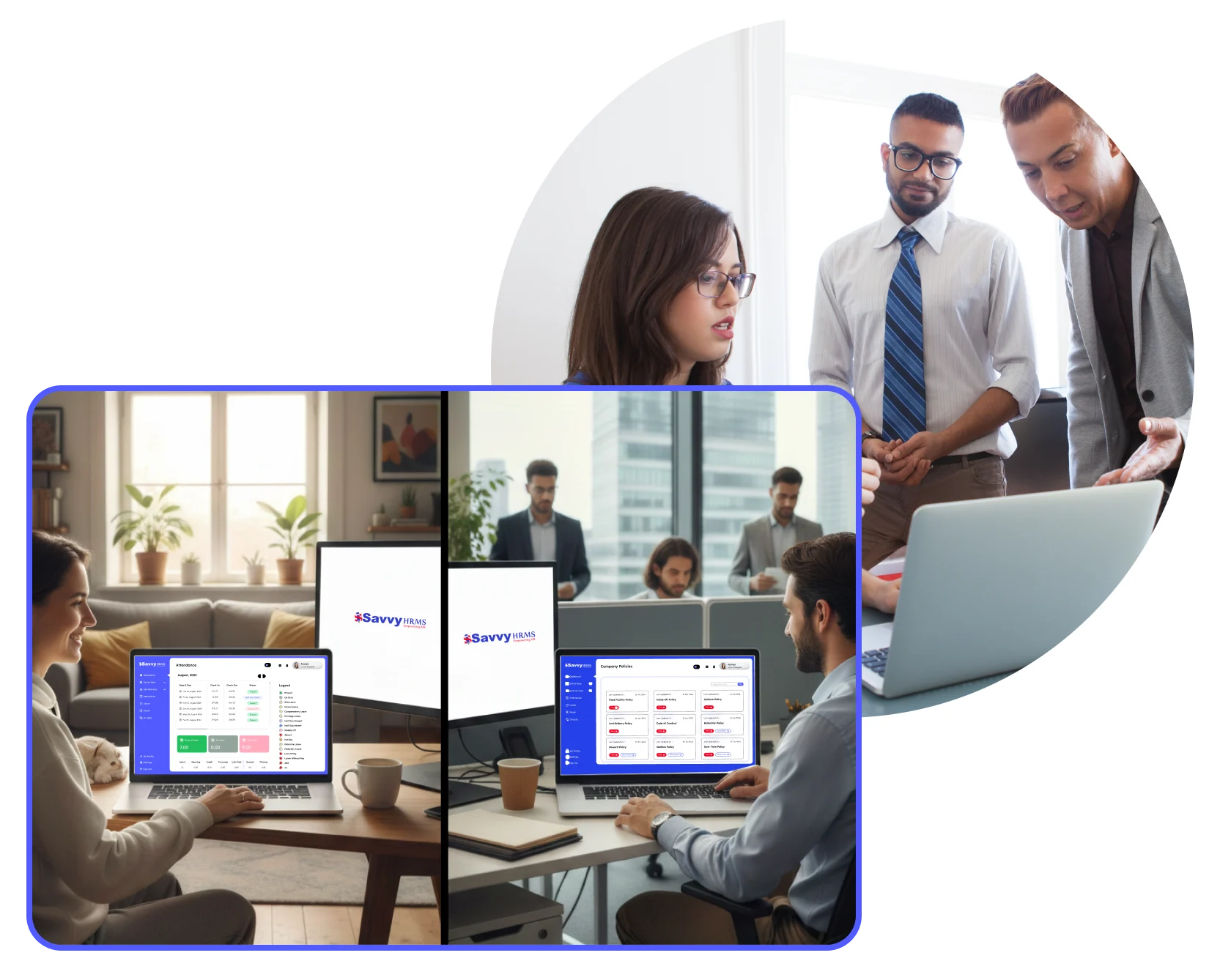 Factory workers, office staff, and remote employees using Savvy HRMS QR code login across devices